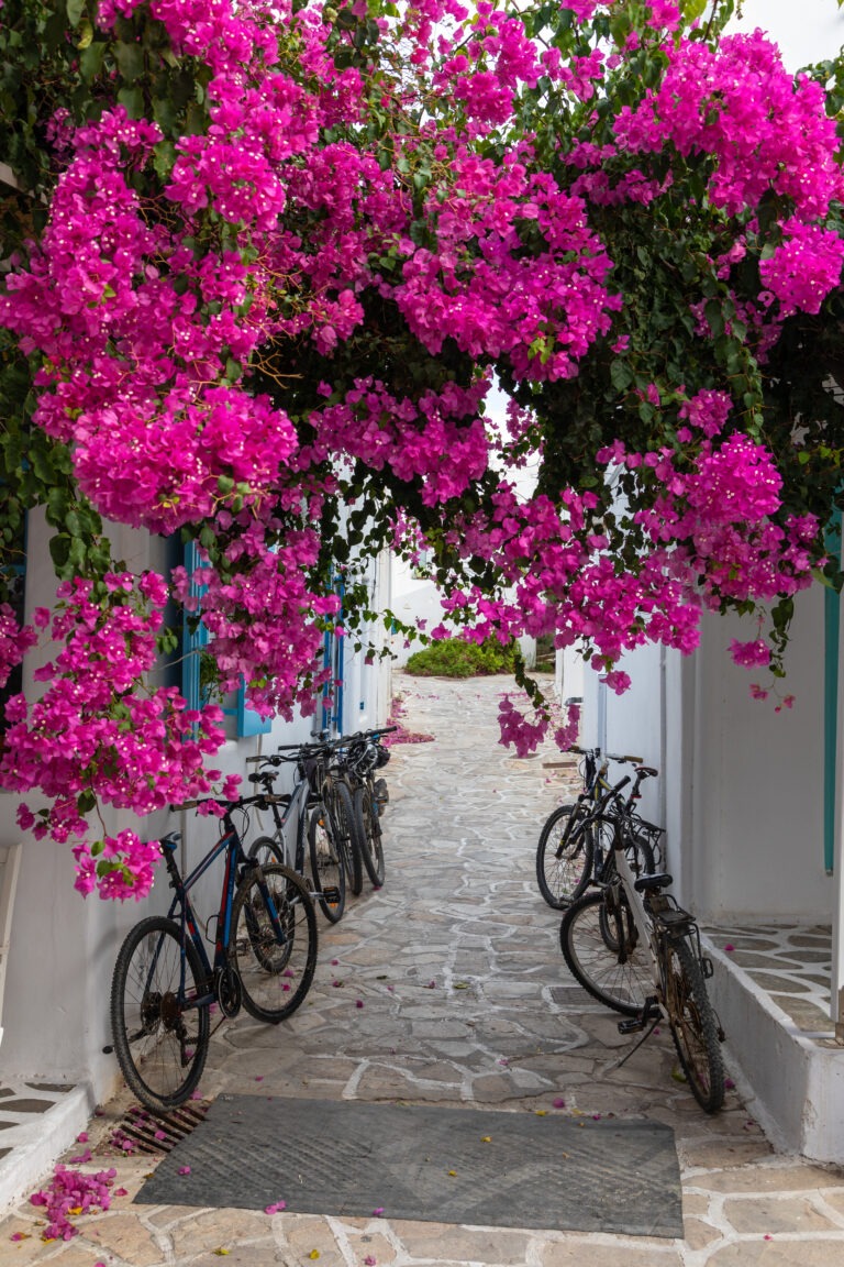 Geparkte Fahrräder entlang einer Straße auf der Insel Antiparos in Griechenland.
