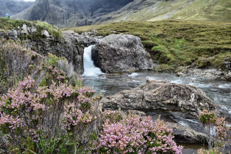 Wasserfall und blühende Blumen auf dem Great Glen Way durch Schottland