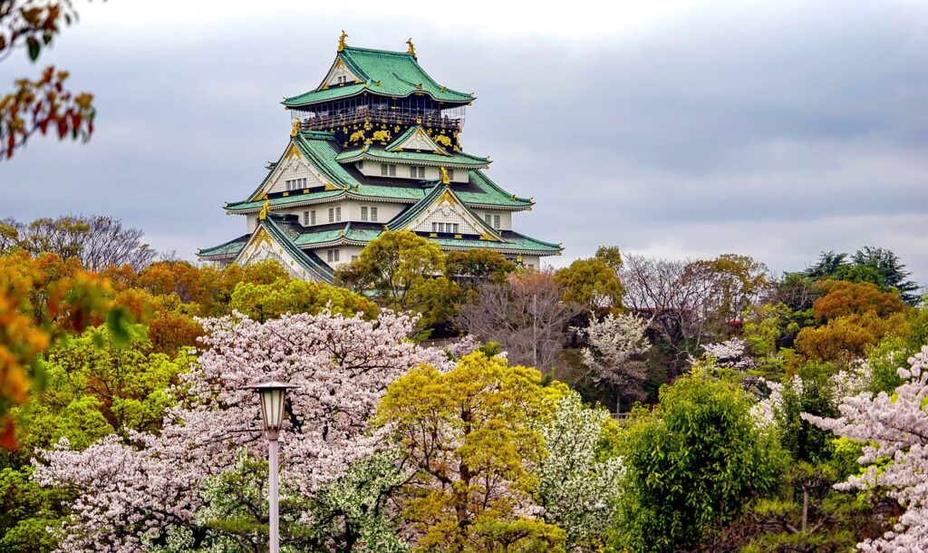 Osaka Castle umgeben von blühenden japanischen Kirschbäumen